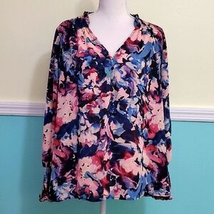 Zac & Rachel Boho Navy Floral Balloon Long Sleeve Peasant Flowy Top 2X